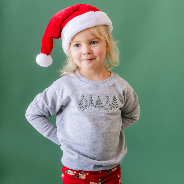 Embroidered Outline Christmas Trees - Child Sweater - Green Thread