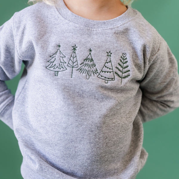 Embroidered Outline Christmas Trees - Child Sweater - Green Thread