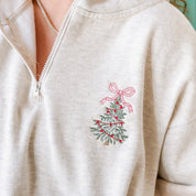 Embroidered Christmas Tree w/ Bow (pocket) - Oatmeal Quarter Zip Fleece Little Mama Shirt Shop LLC