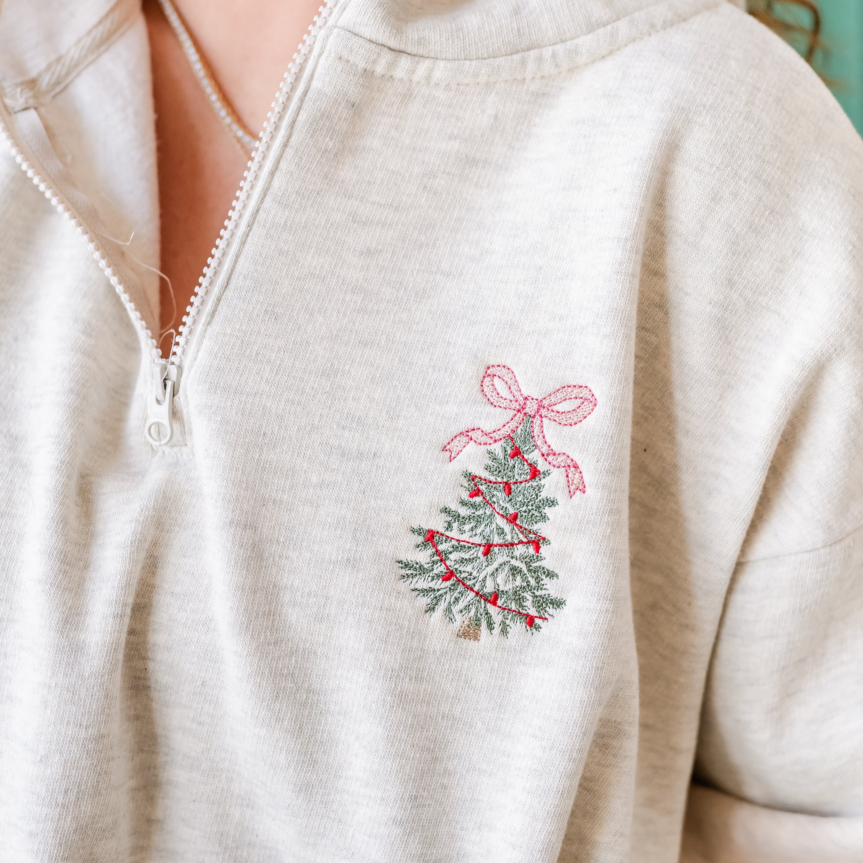 Embroidered Christmas Tree w/ Bow (pocket) - Oatmeal Quarter Zip Fleece Little Mama Shirt Shop LLC