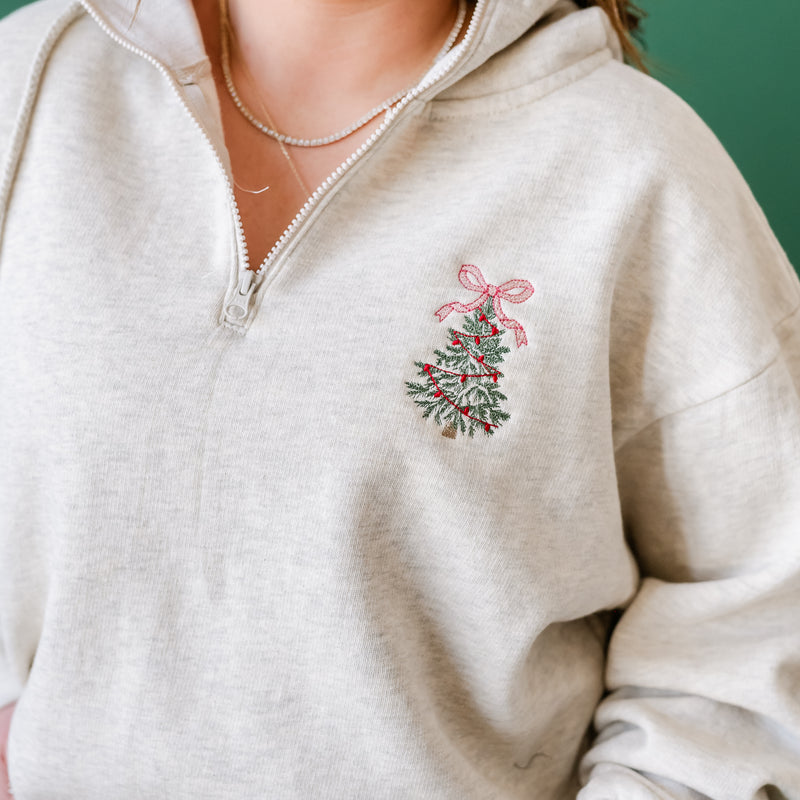 Embroidered Christmas Tree w/ Bow (pocket) - Oatmeal Quarter Zip Fleece