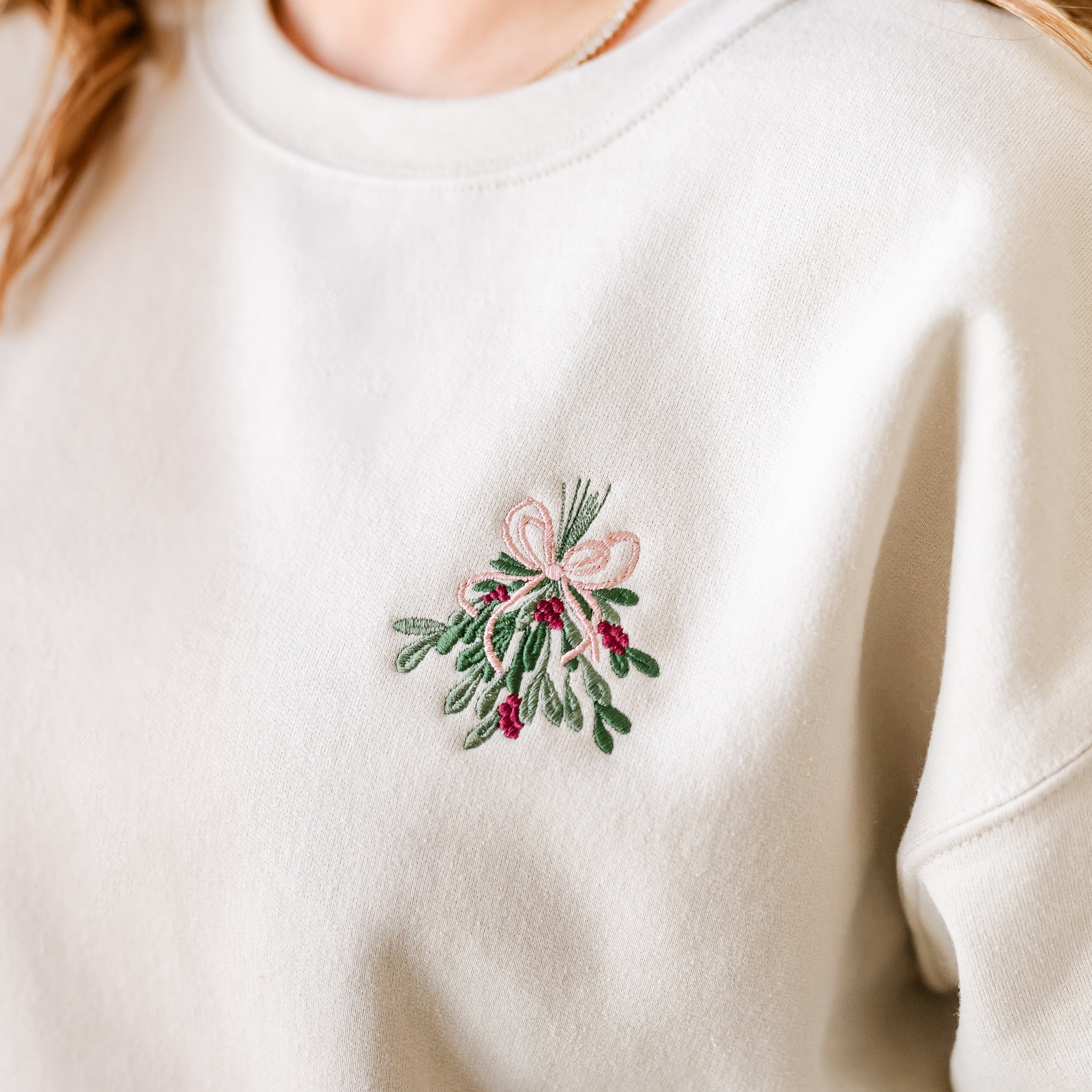 Embroidered Mistletoe (pocket) - BASIC Fleece Crewneck Little Mama Shirt Shop LLC