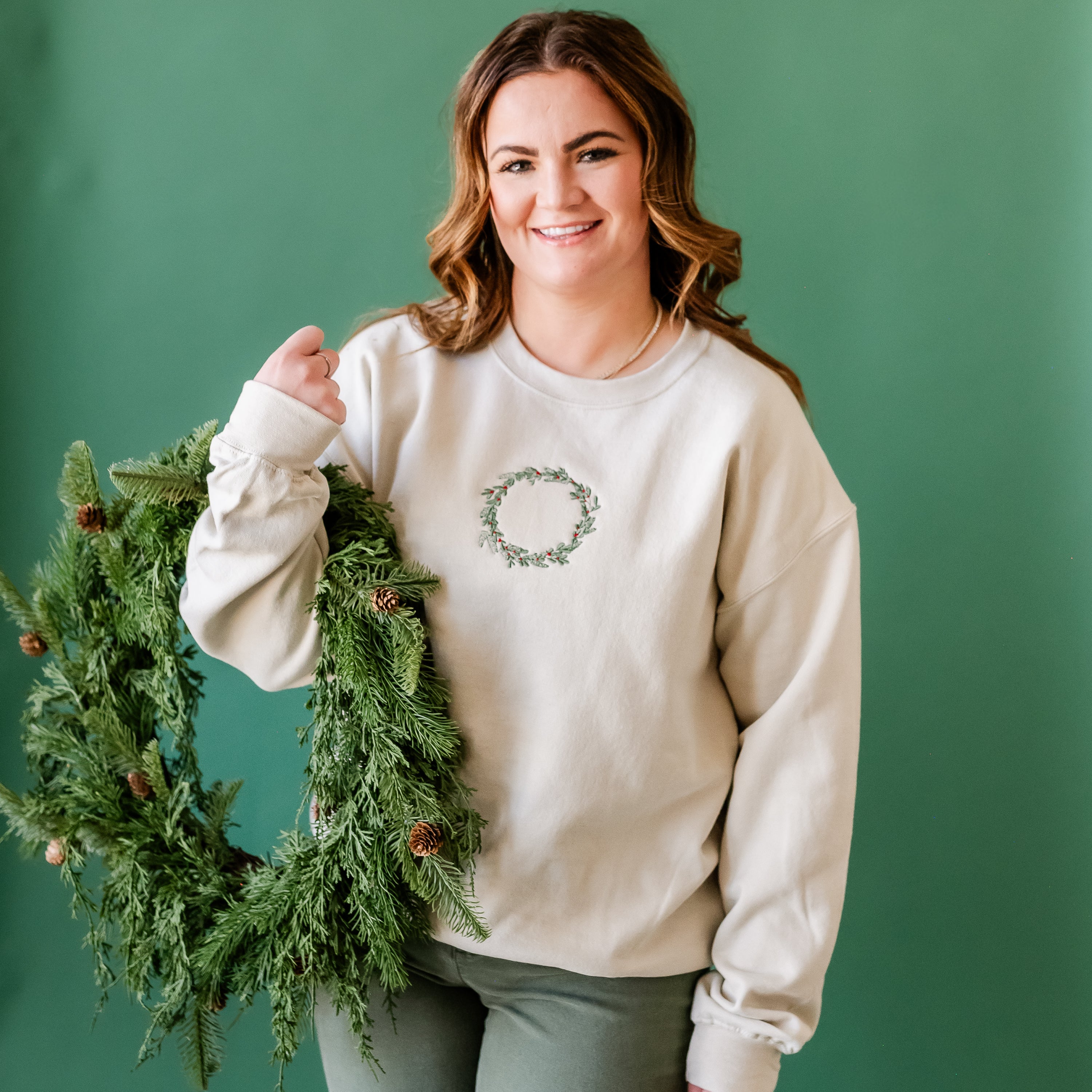 Embroidered Wreath (center) - BASIC Fleece Crewneck Little Mama Shirt Shop LLC
