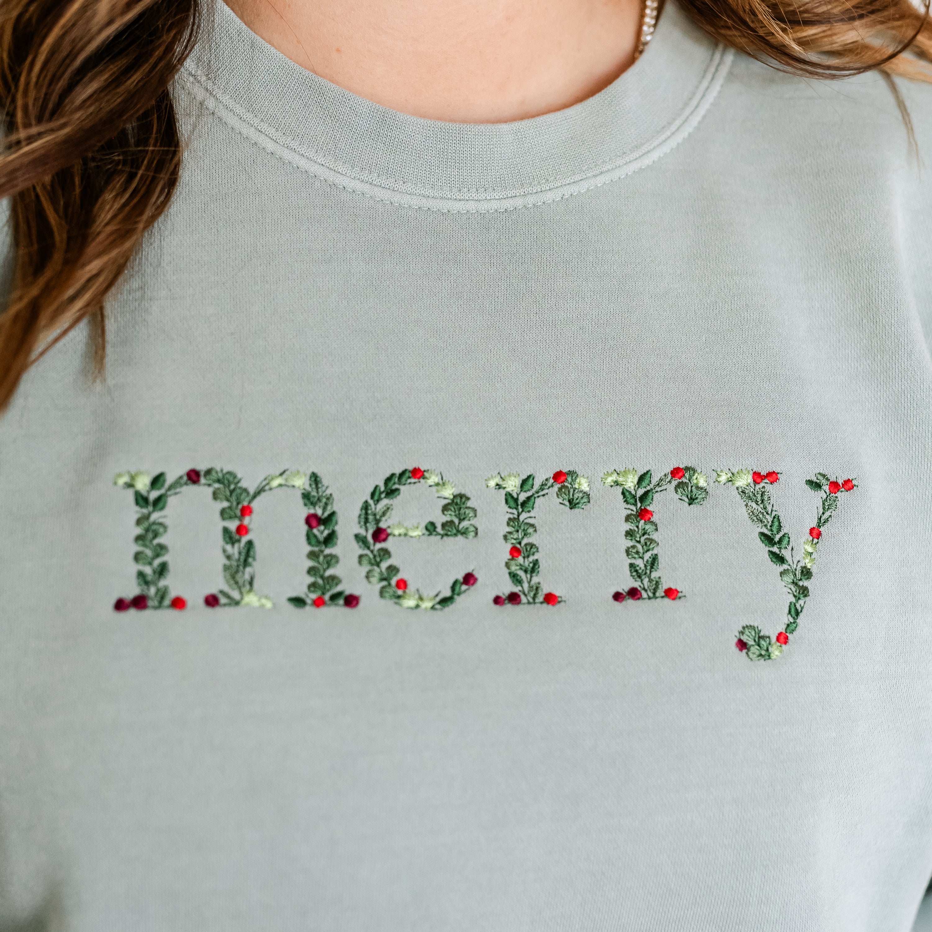 Embroidered PIGMENT Crewneck - Floral Merry Little Mama Shirt Shop LLC
