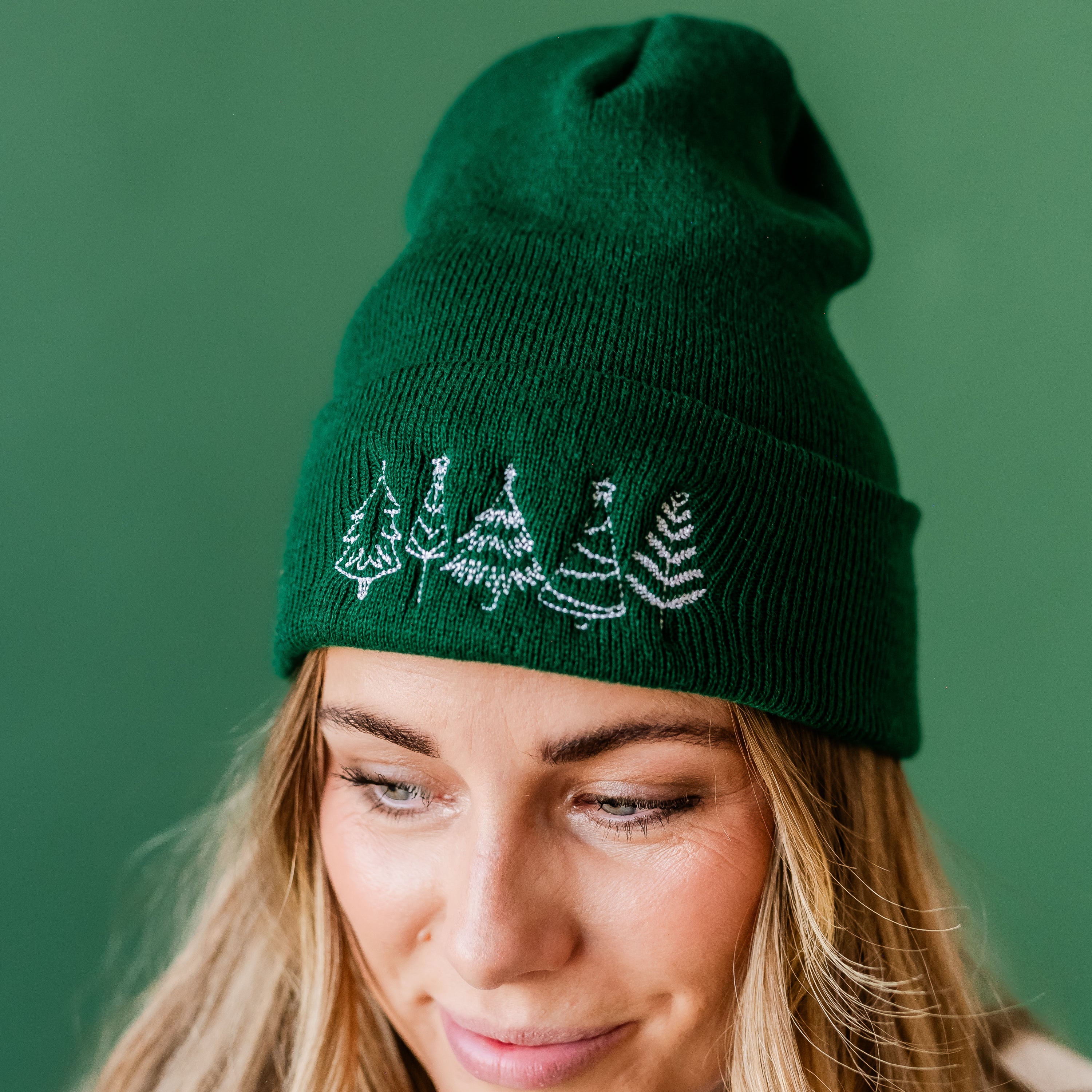 ADULT Beanie - Outline Christmas Trees - White Thread Little Mama Shirt Shop LLC