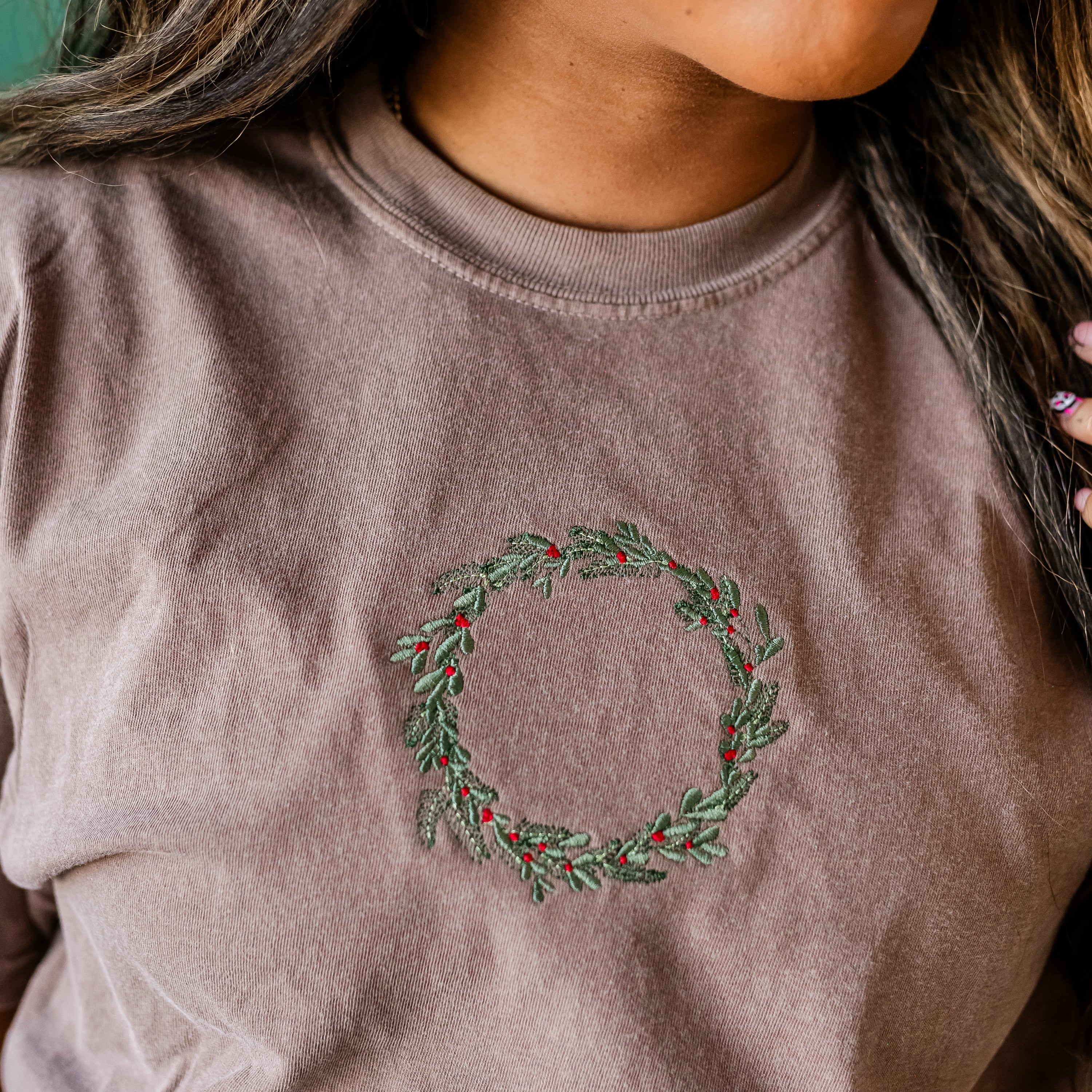 Embroidered Wreath (center) - LONG SLEEVE Comfort Colors Tee Little Mama Shirt Shop