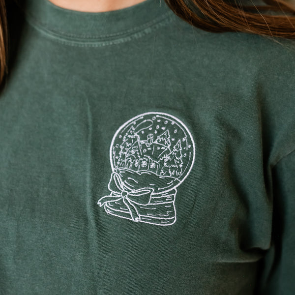 Embroidered Pocket Snowglobe w/ There's No Place Like Home on Back - LONG SLEEVE Comfort Colors Tee