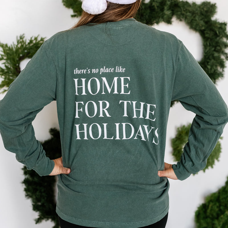 Embroidered Pocket Snowglobe w/ There's No Place Like Home on Back - LONG SLEEVE Comfort Colors Tee