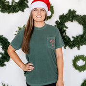 Embroidered Candy Cane - Comfort Colors POCKET Tee Little Mama Shirt Shop