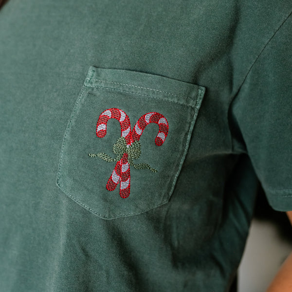 Embroidered Candy Cane - Comfort Colors POCKET Tee