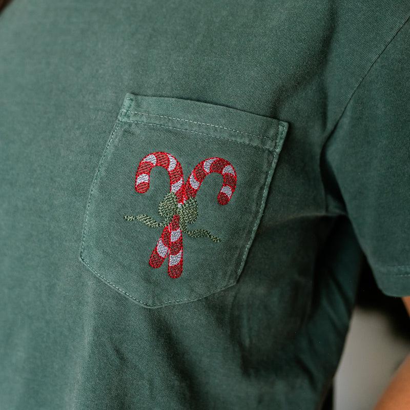 Embroidered Candy Cane - Comfort Colors POCKET Tee