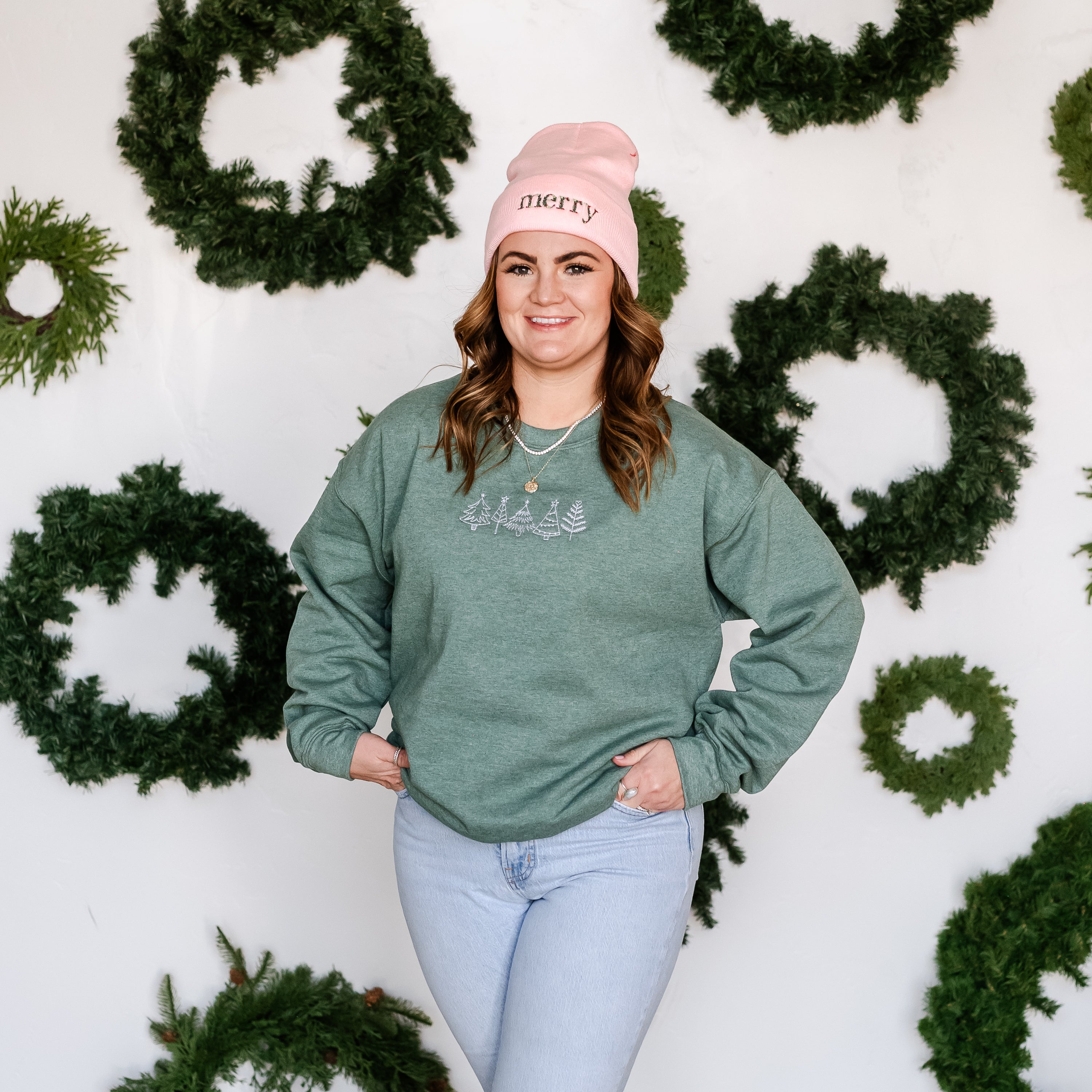 Embroidered Outline Christmas Trees - BASIC Fleece Crewneck Little Mama Shirt Shop LLC