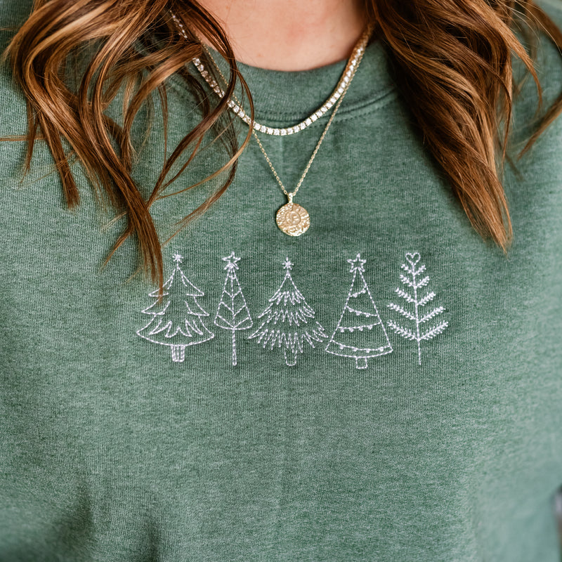 Embroidered Outline Christmas Trees - BASIC Fleece Crewneck