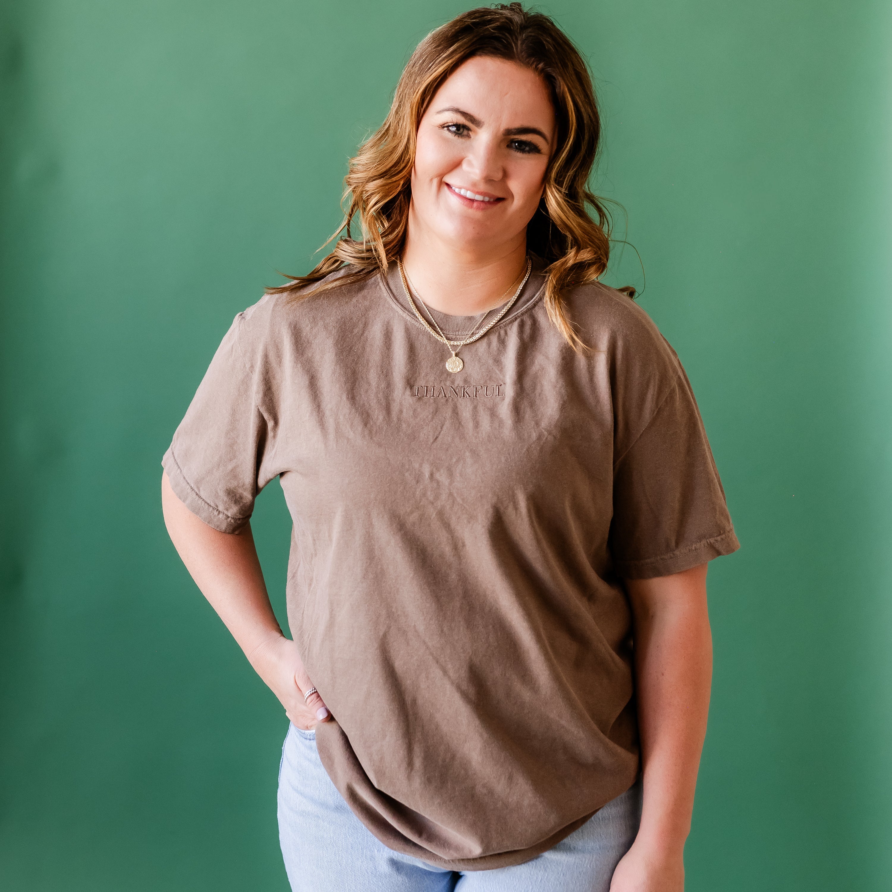 Embroidered Tone on Tone Comfort Colors Tee -  THANKFUL embroidered front with printed SO MUCH TO BE THANKFUL FOR back Little Mama Shirt Shop LLC