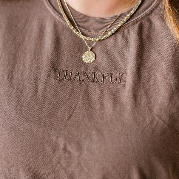 Embroidered Tone on Tone Comfort Colors Tee -  THANKFUL embroidered front with printed SO MUCH TO BE THANKFUL FOR back