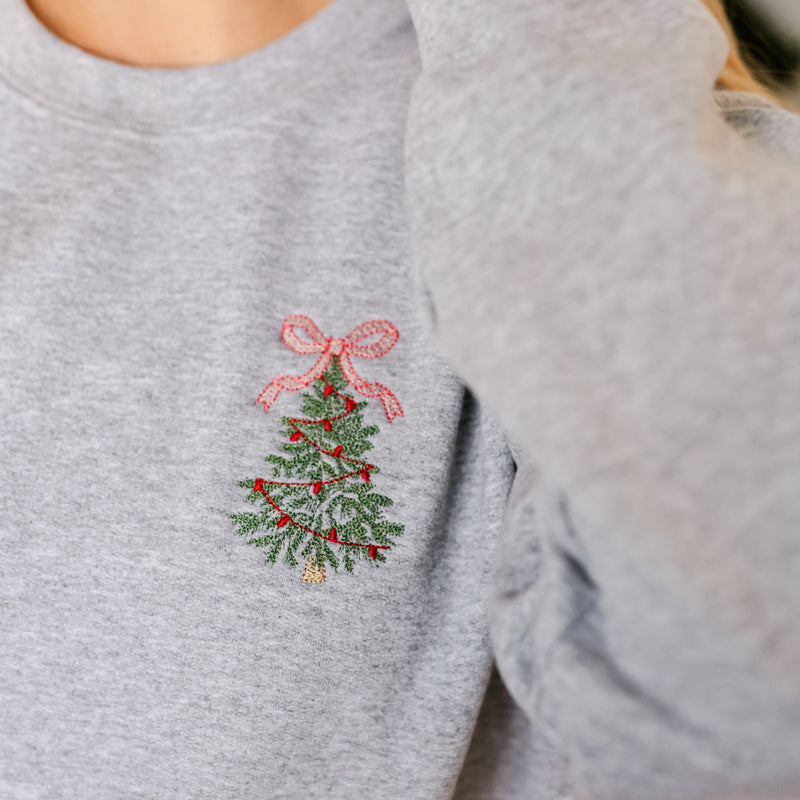 Embroidered Christmas Tree w/ Bow (pocket) - BASIC Fleece Crewneck