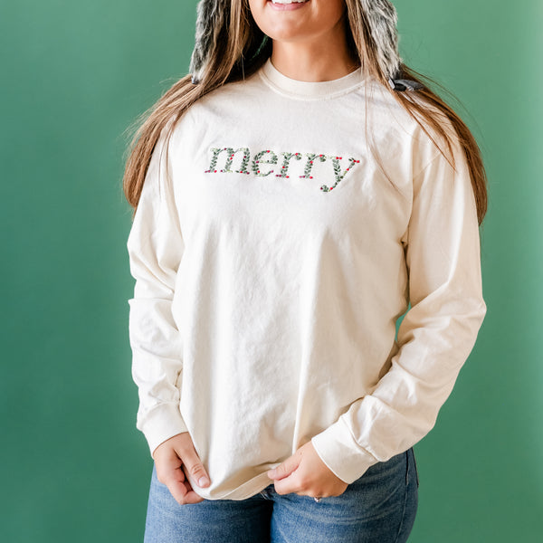 Embroidered Floral Merry - LONG SLEEVE Comfort Colors Tee