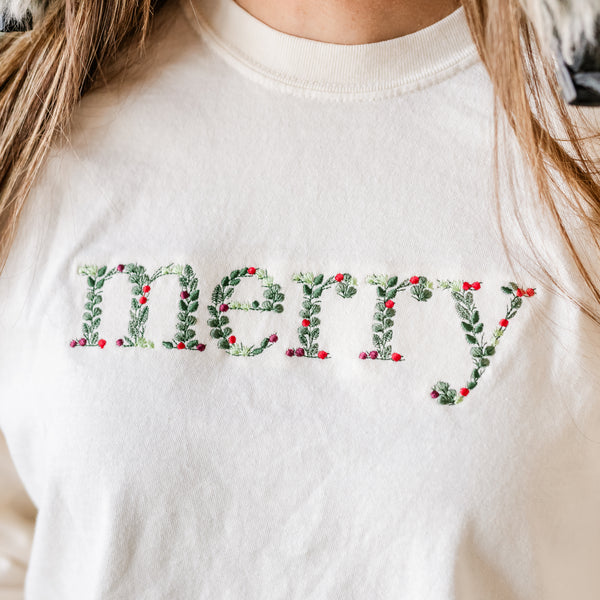 Embroidered Floral Merry - Comfort Colors Tee