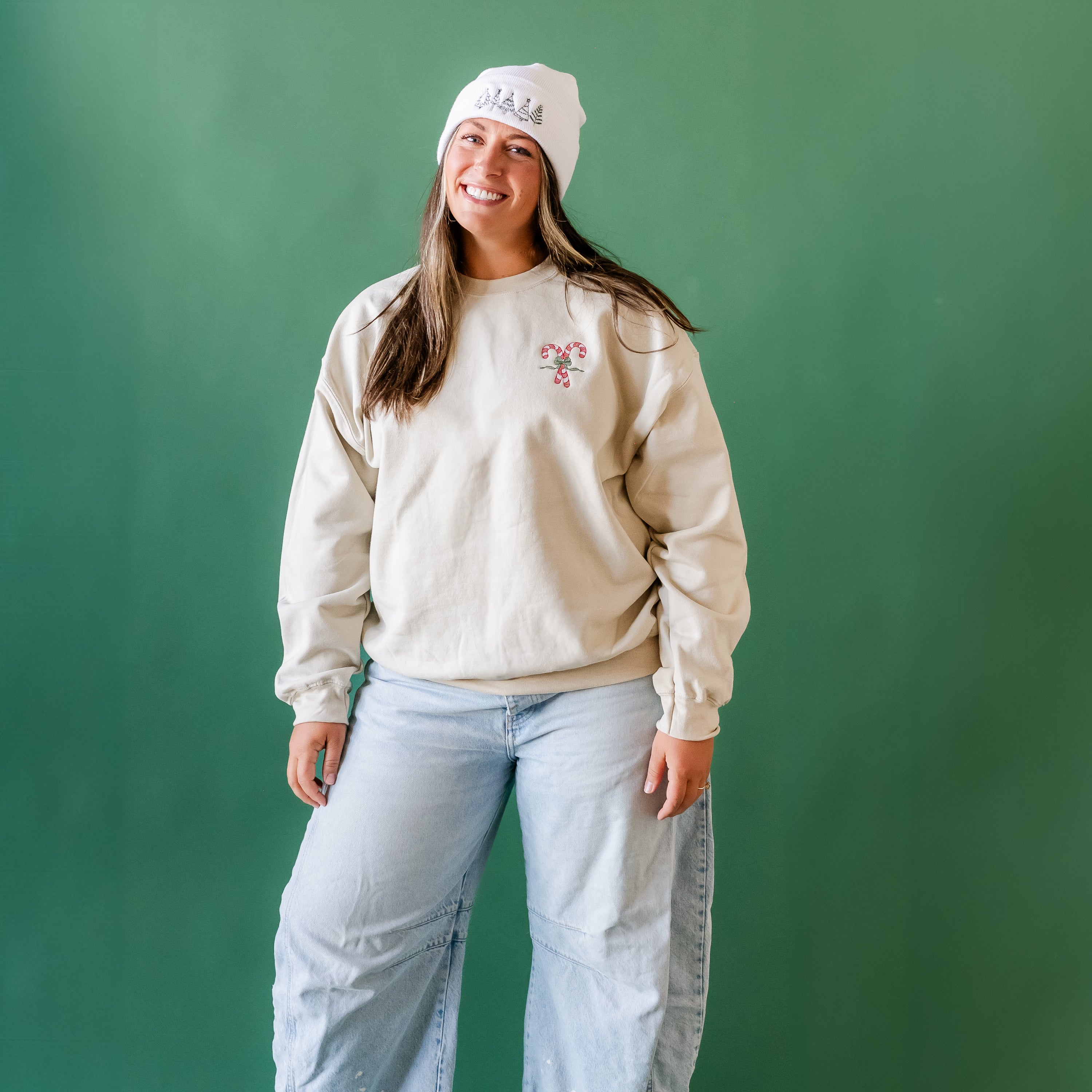 Embroidered Candy Cane - BASIC Fleece Crewneck Little Mama Shirt Shop LLC