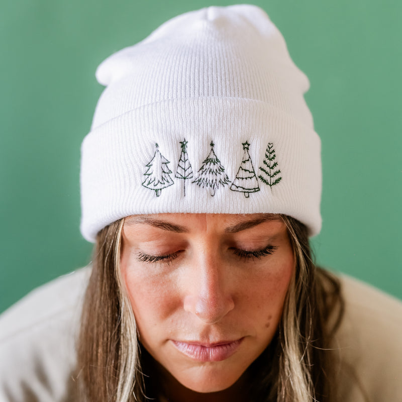 ADULT Beanie - Outline Christmas Trees - Green Thread