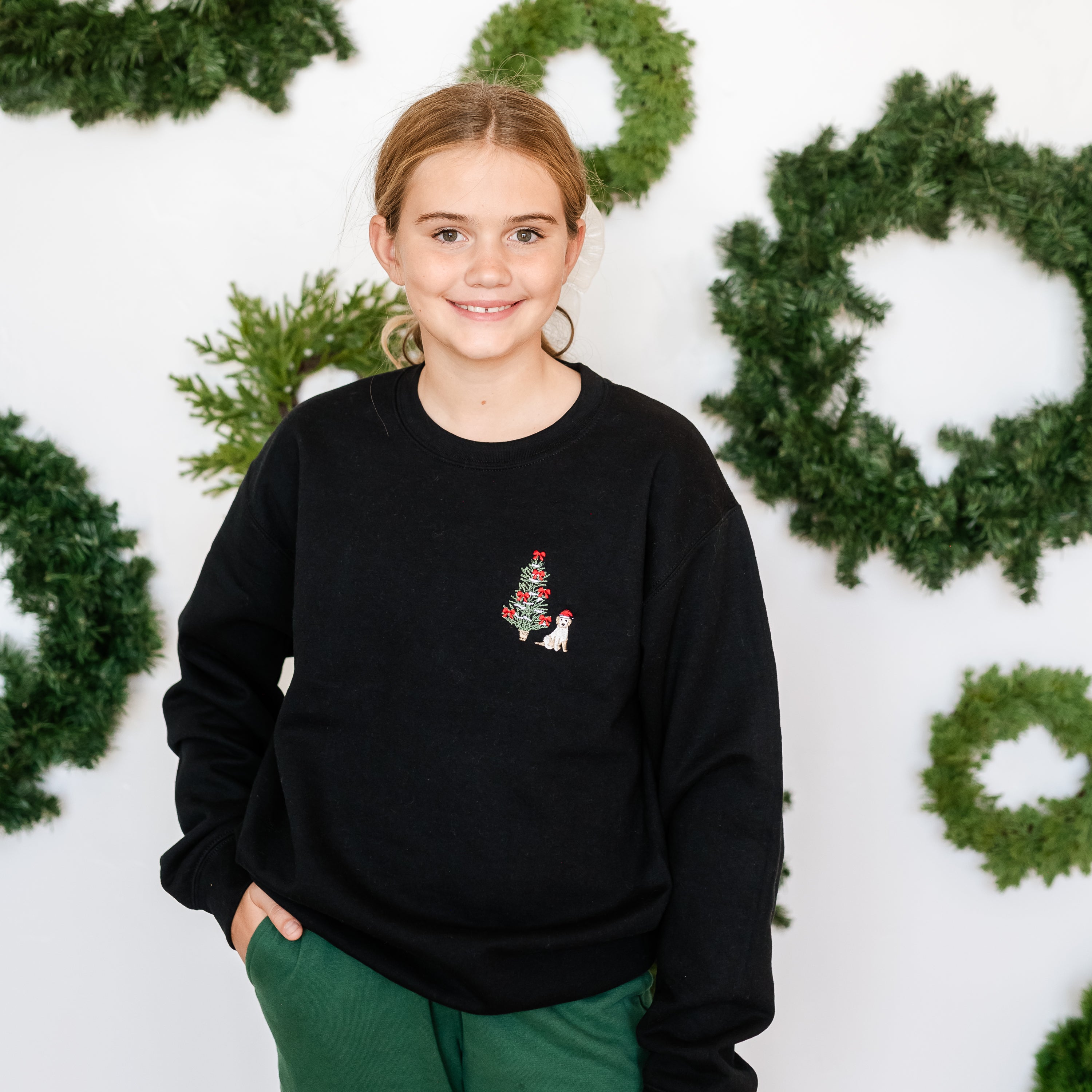 Embroidered Santa Pup (pocket) - Child Sweater Little Mama Shirt Shop