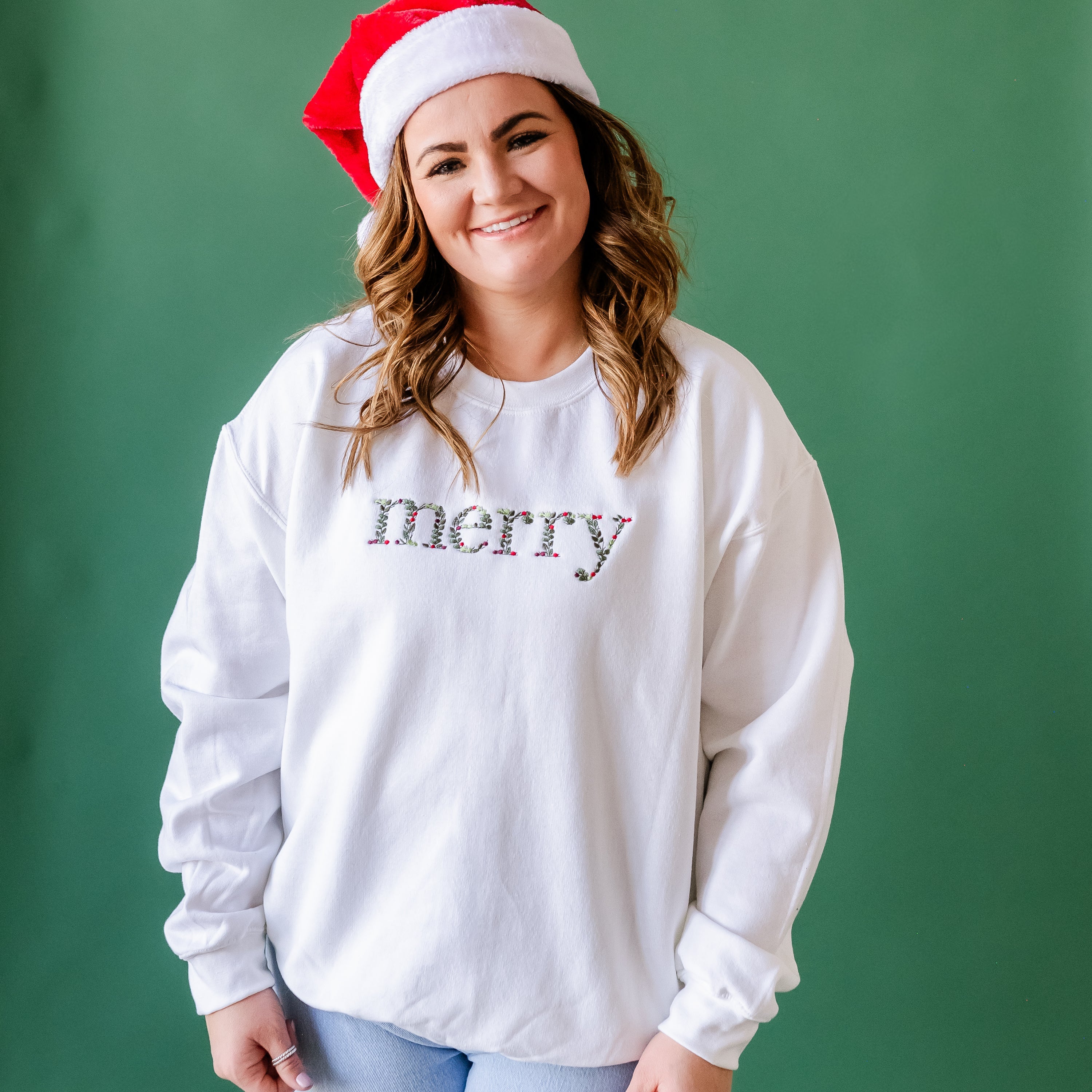 Embroidered Floral Merry - BASIC Fleece Crewneck Little Mama Shirt Shop LLC
