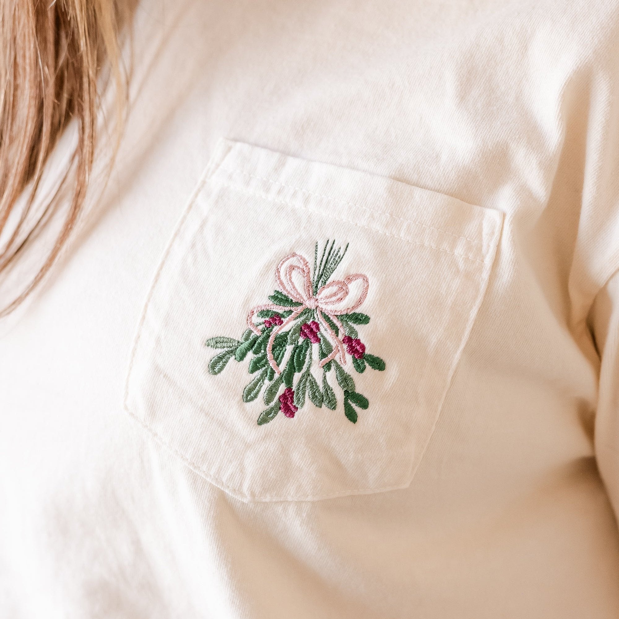 Embroidered Mistletoe - Comfort Colors POCKET Tee - Ivory Little Mama Shirt Shop