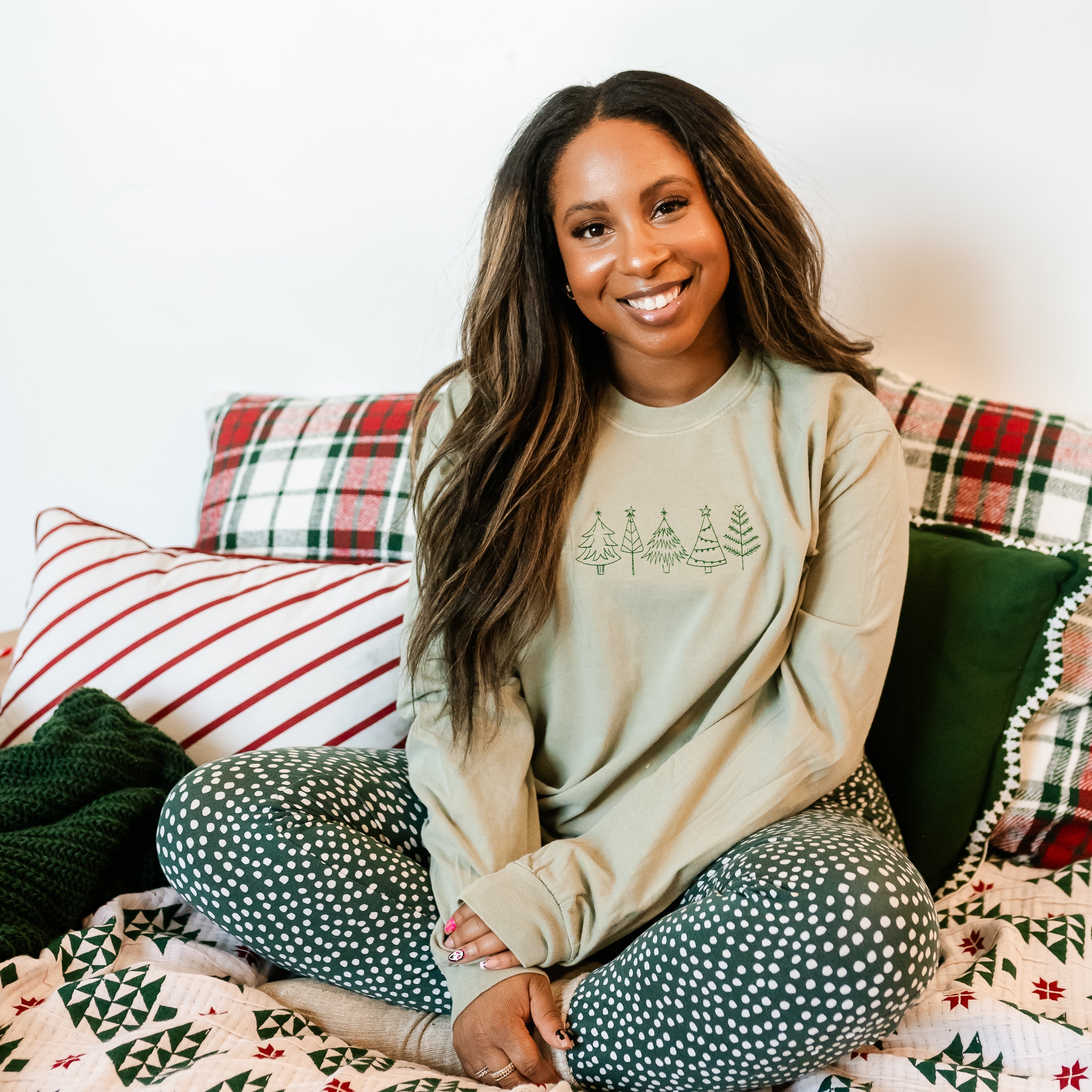 Embroidered Outline Christmas Trees - LONG SLEEVE Comfort Colors Tee Little Mama Shirt Shop