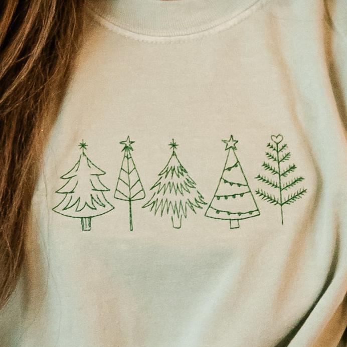 Embroidered Outline Christmas Trees - Comfort Colors Tee