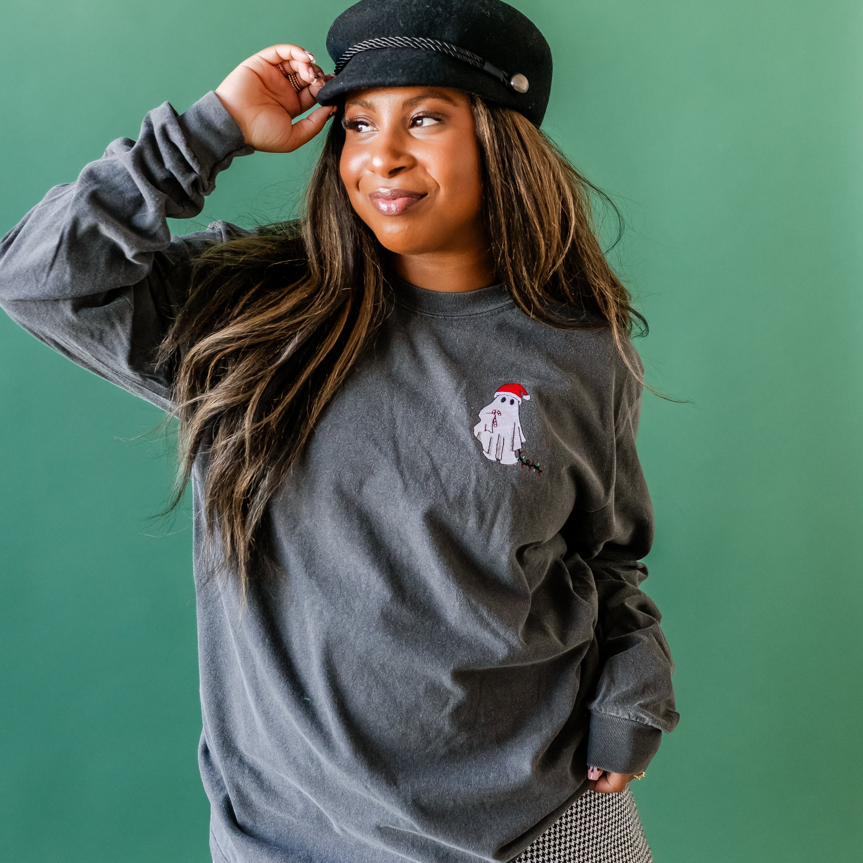 Embroidered Santa Hat Boujee Ghost - LONG SLEEVE Comfort Colors Tee Little Mama Shirt Shop
