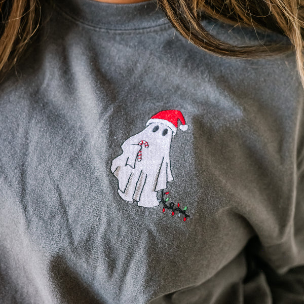 Embroidered Santa Hat Boujee Ghost - LONG SLEEVE Comfort Colors Tee