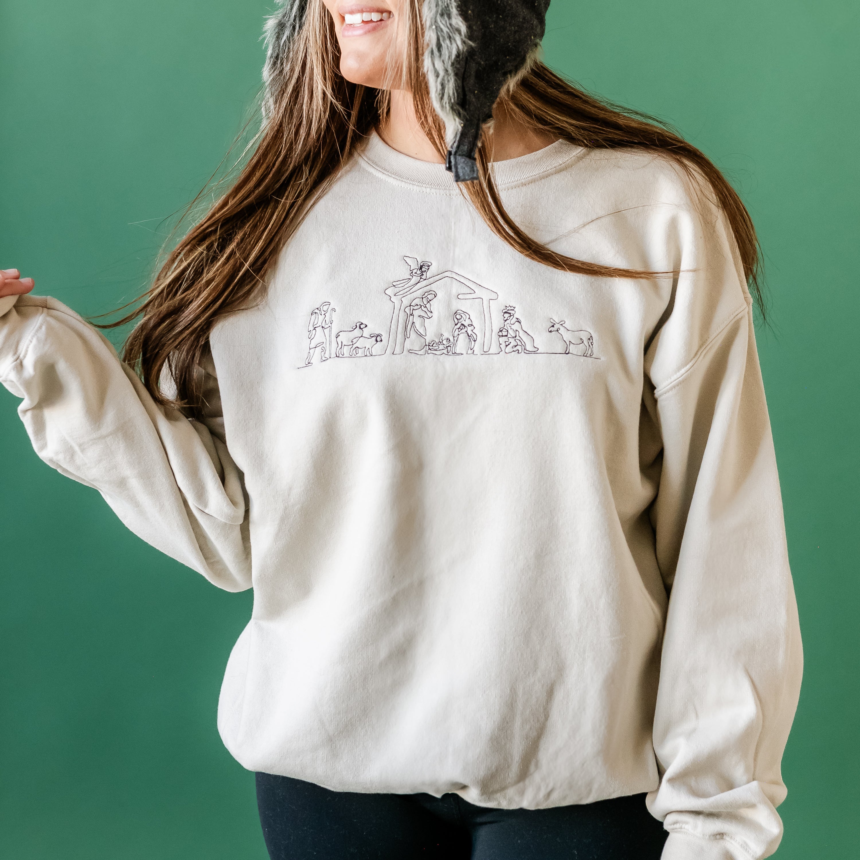 Embroidered Nativity Scene - BASIC Fleece Crewneck Little Mama Shirt Shop LLC