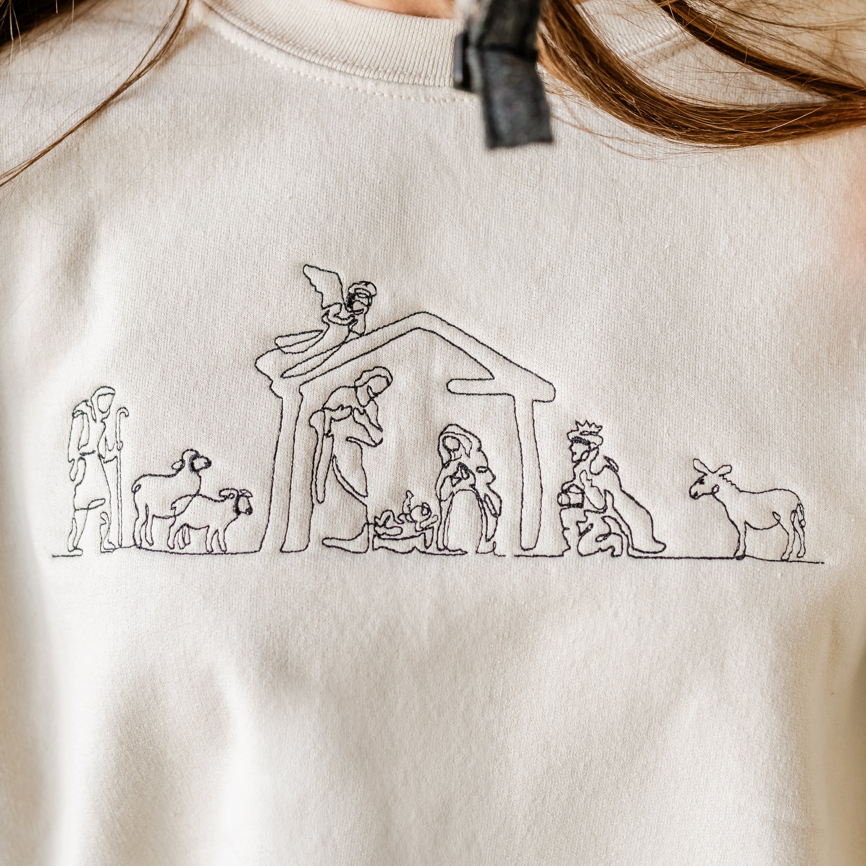 Embroidered Nativity Scene - BASIC Fleece Crewneck Little Mama Shirt Shop LLC