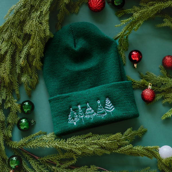 ADULT Beanie - Outline Christmas Trees - White Thread