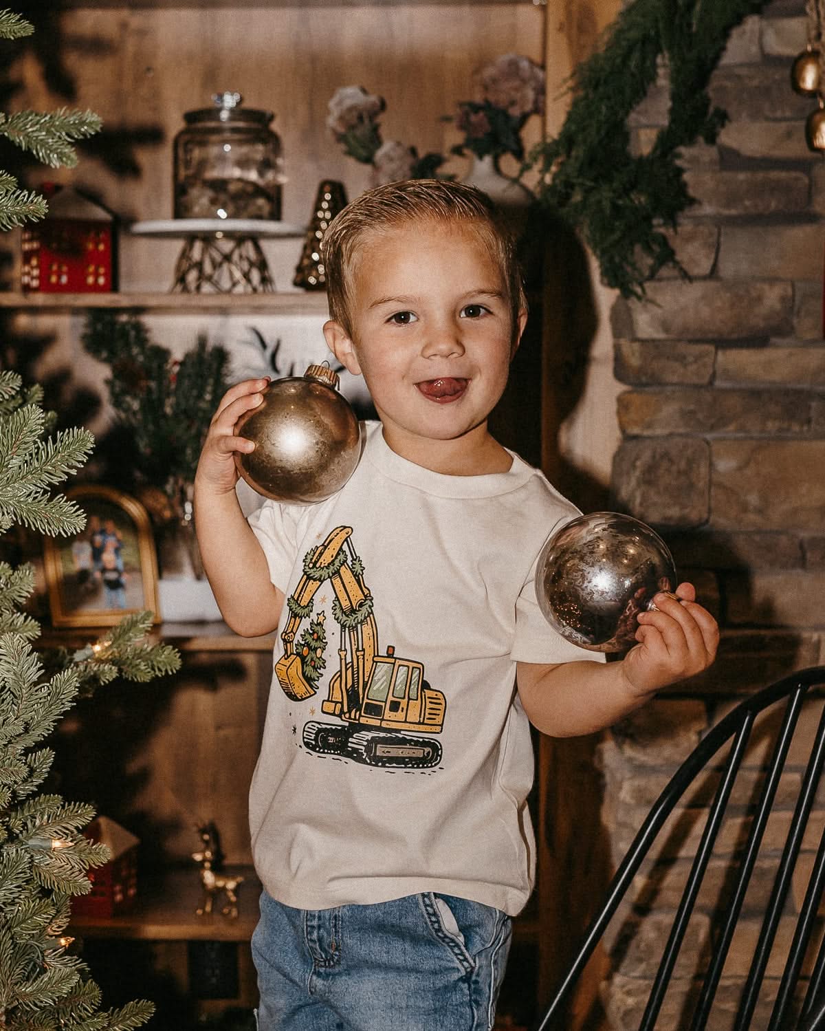 Child tee in natural with Christmas Excavator on front, shown on model – Little Mama Shirt Shop