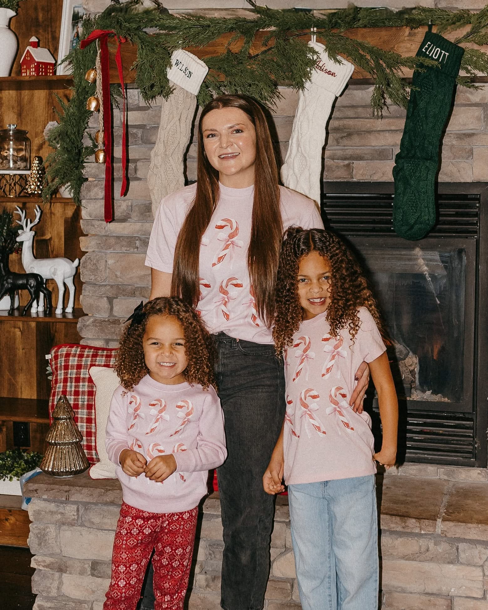 Adult and child tees in blossom and ballerina pink with 6 candy canes on chest, shown on models – Little Mama Shirt Shop