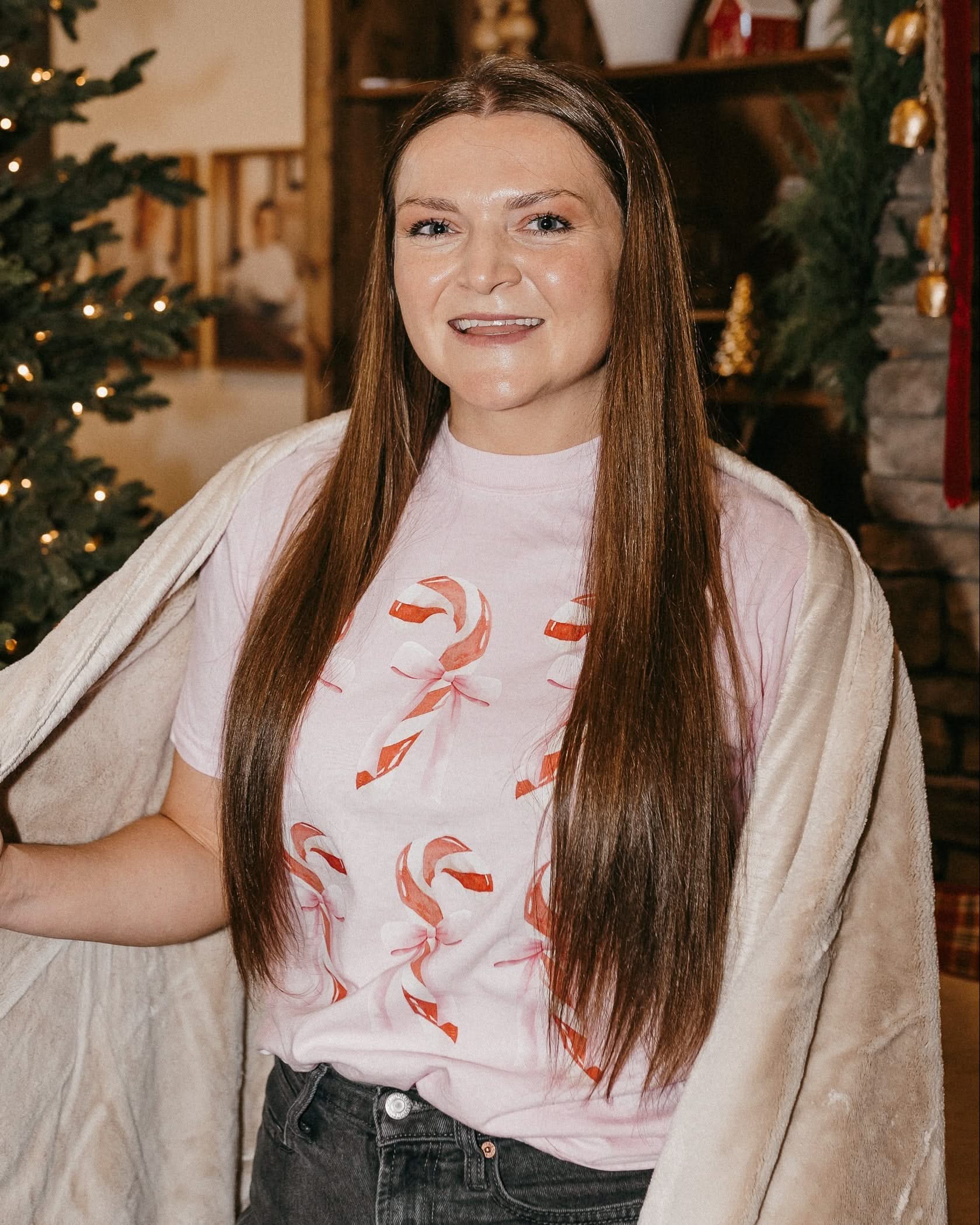 Comfort Colors Tee in blossom with 6 candy canes on chest, shown on model – Little Mama Shirt Shop