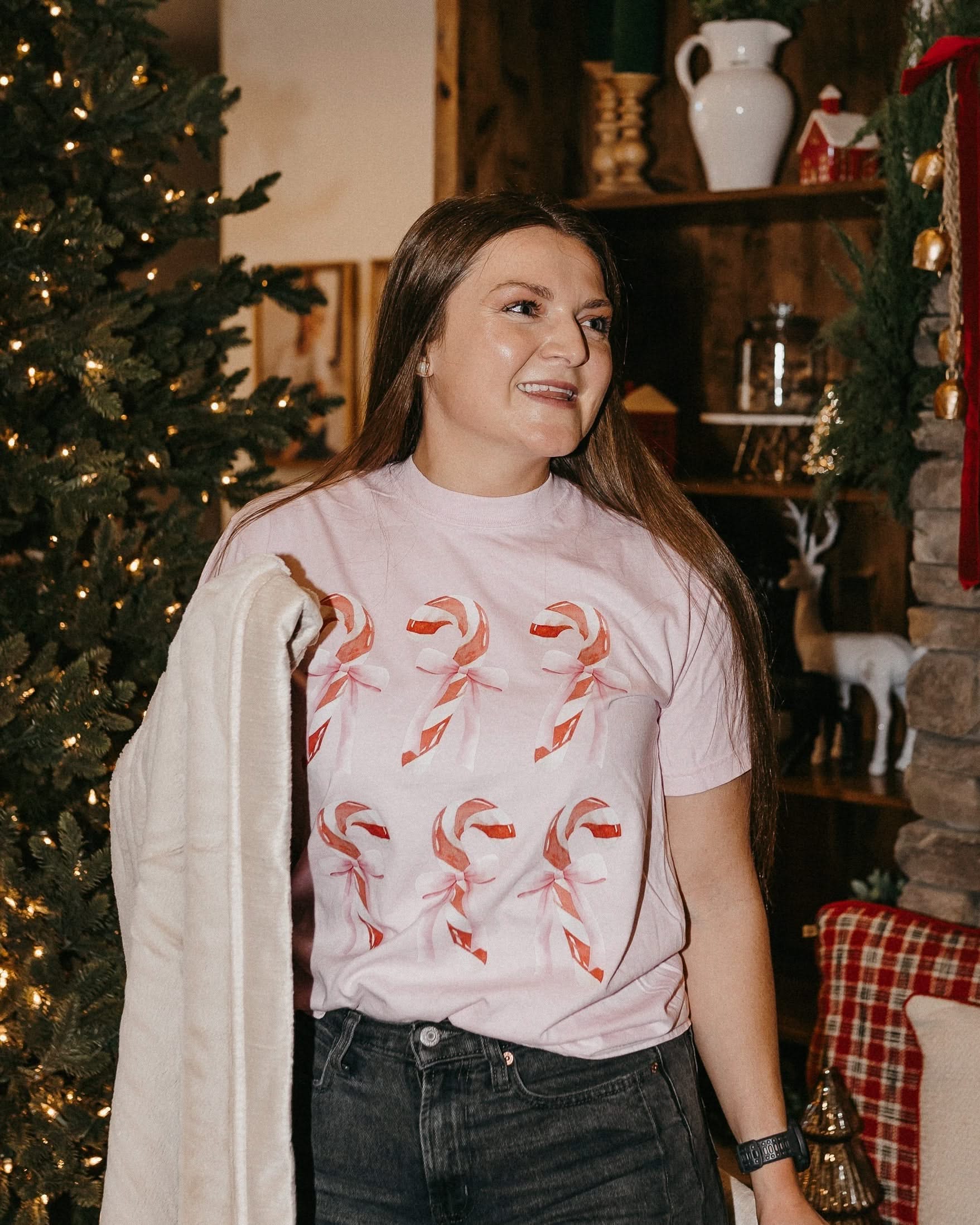 Comfort Colors Tee in blossom with 6 candy canes on chest, shown on model – Little Mama Shirt Shop