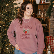 Adult sweater in maroon with 'gathered together hears filled with cheer' design on front, shown on model – Little Mama Shirt Shop