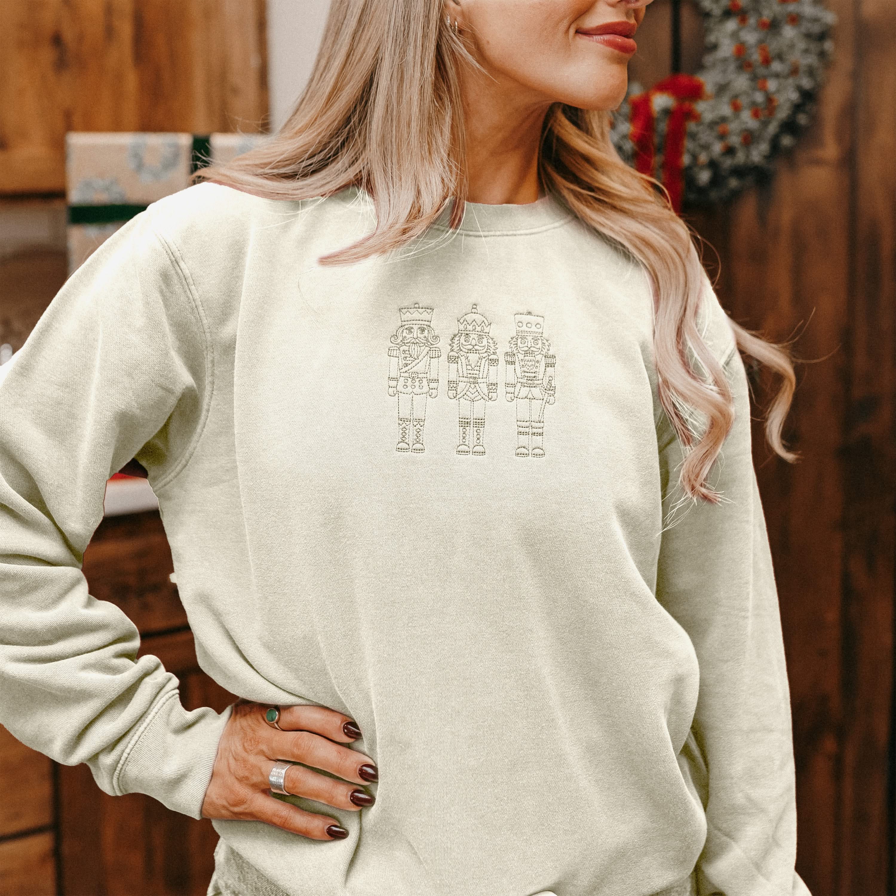 3 Nutcrackers Tone on Tone Embroidered Pigment Crewneck – Classic Holiday Sweatshirt | Little Mama Shirt Shop Little Mama Shirt Shop LLC