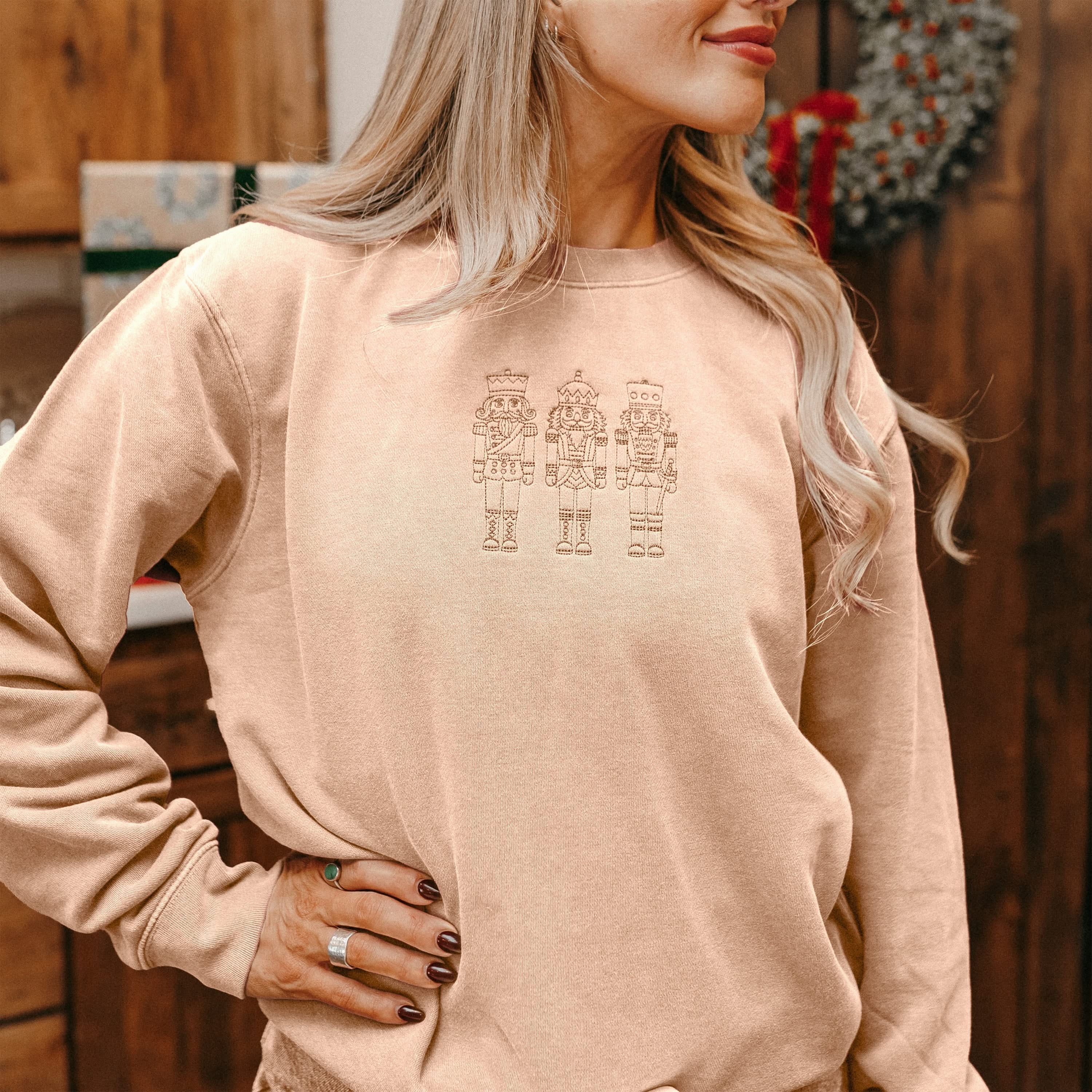 3 Nutcrackers Tone on Tone Embroidered Pigment Crewneck – Classic Holiday Sweatshirt | Little Mama Shirt Shop Little Mama Shirt Shop LLC