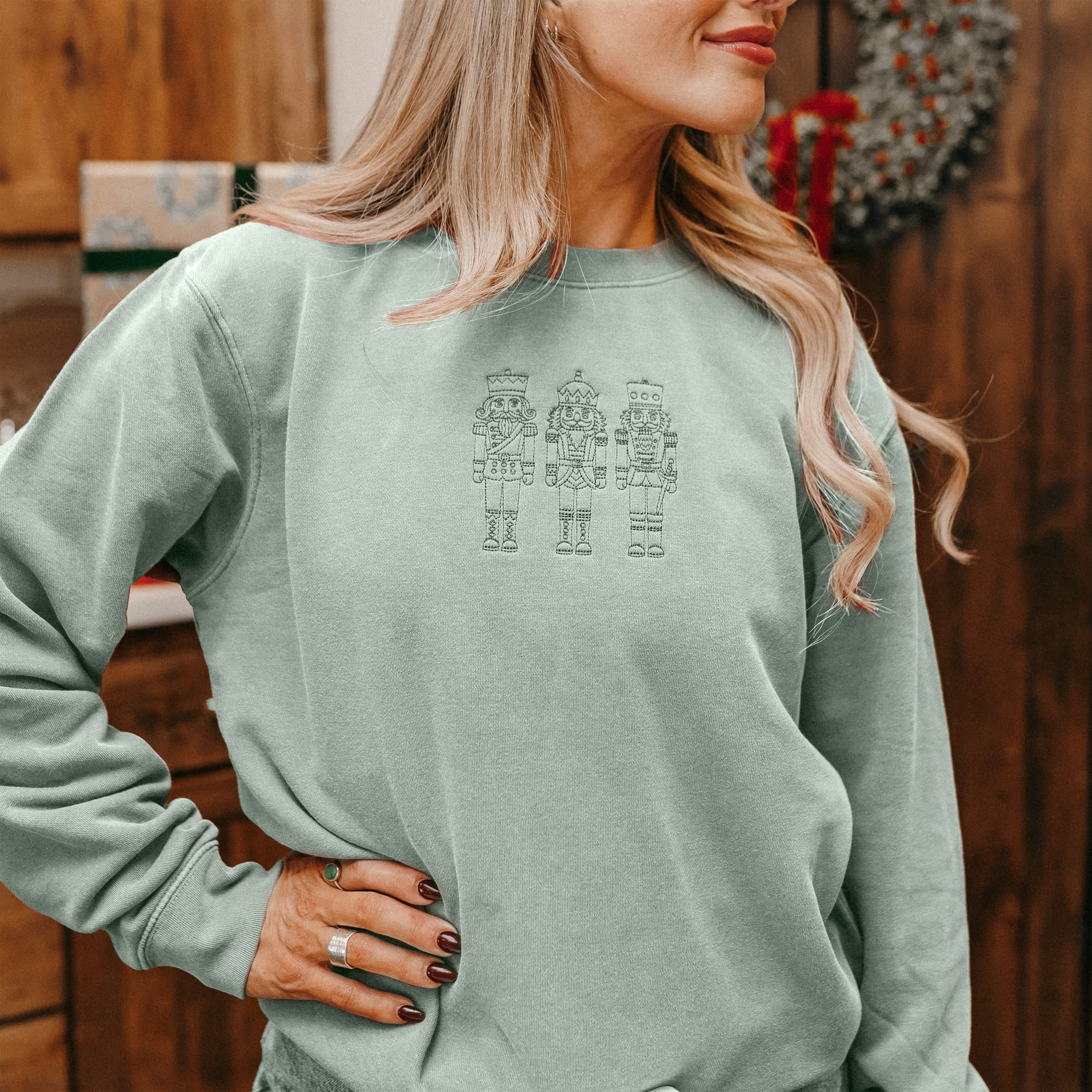 3 Nutcrackers Tone on Tone Embroidered Pigment Crewneck – Classic Holiday Sweatshirt | Little Mama Shirt Shop Little Mama Shirt Shop LLC