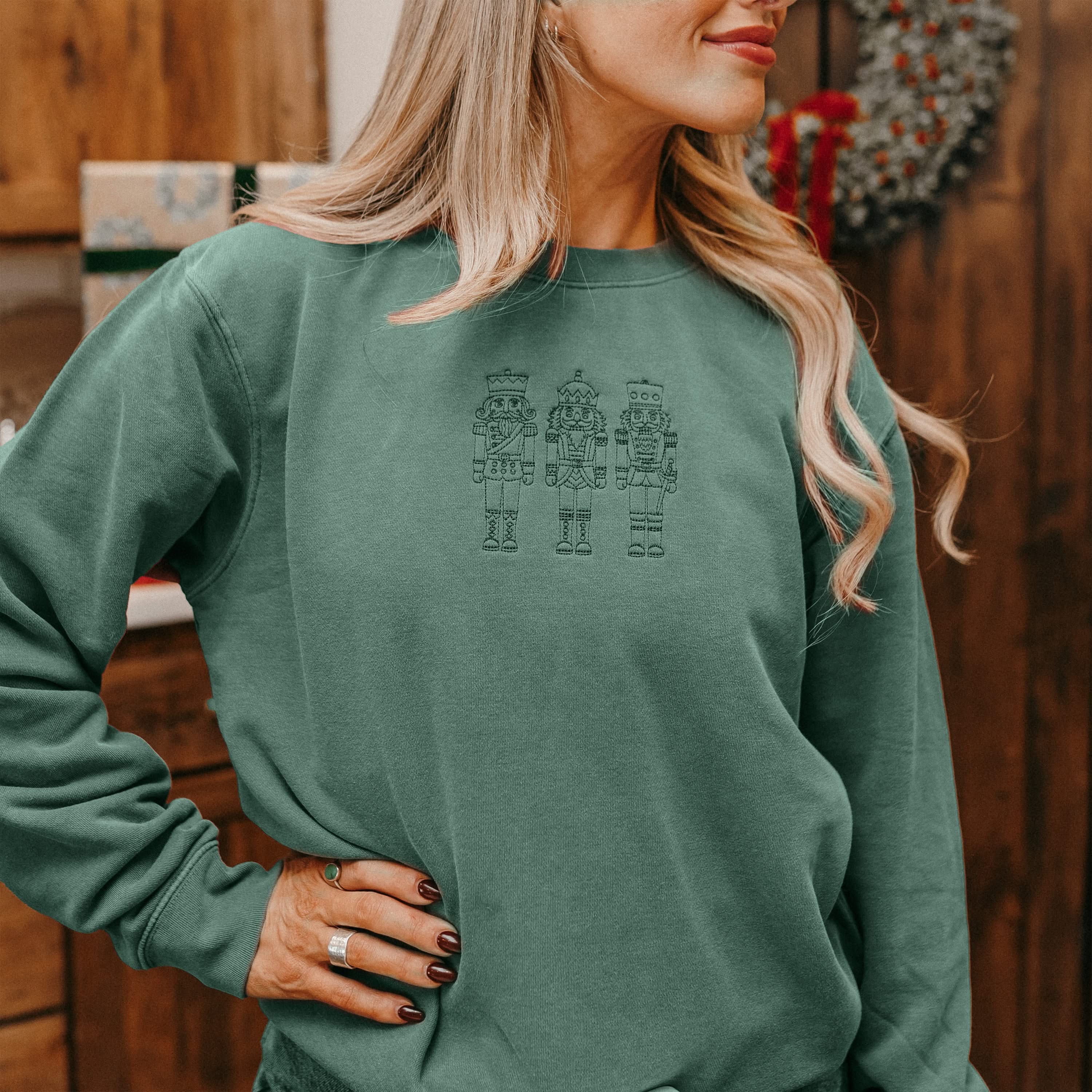 3 Nutcrackers Tone on Tone Embroidered Pigment Crewneck – Classic Holiday Sweatshirt | Little Mama Shirt Shop Little Mama Shirt Shop LLC