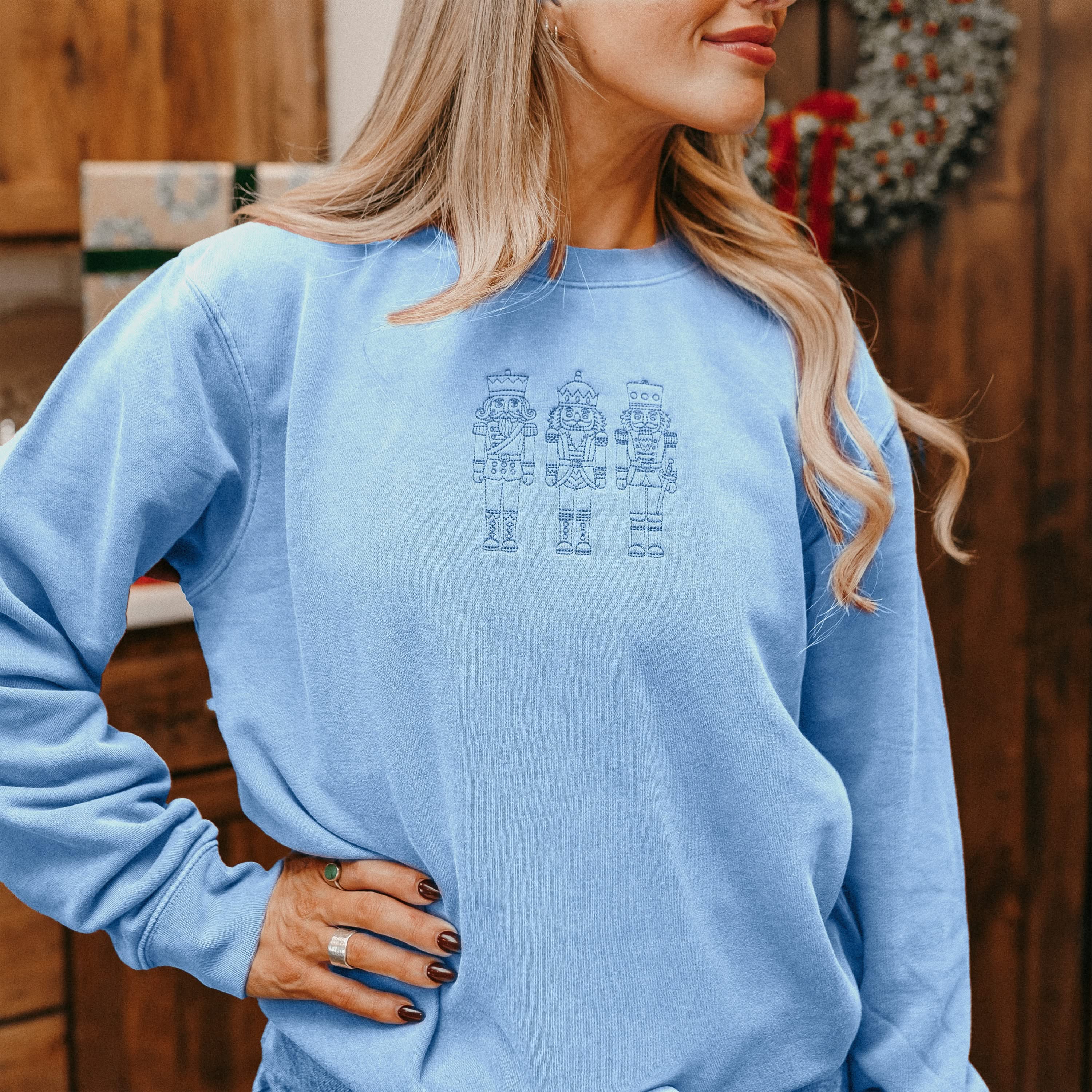 3 Nutcrackers Tone on Tone Embroidered Pigment Crewneck – Classic Holiday Sweatshirt | Little Mama Shirt Shop Little Mama Shirt Shop LLC