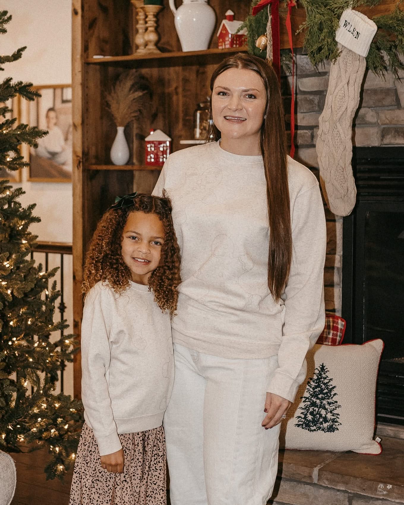 Adult and child fleece in natural with printed ginger bread family pattern, shown on model – Little Mama Shirt Shop