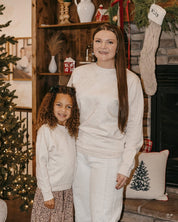 Adult and child fleece in natural with printed ginger bread family pattern, shown on model – Little Mama Shirt Shop