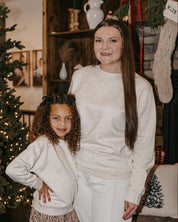 Adult and child fleece in natural with printed ginger bread family pattern, shown on model – Little Mama Shirt Shop