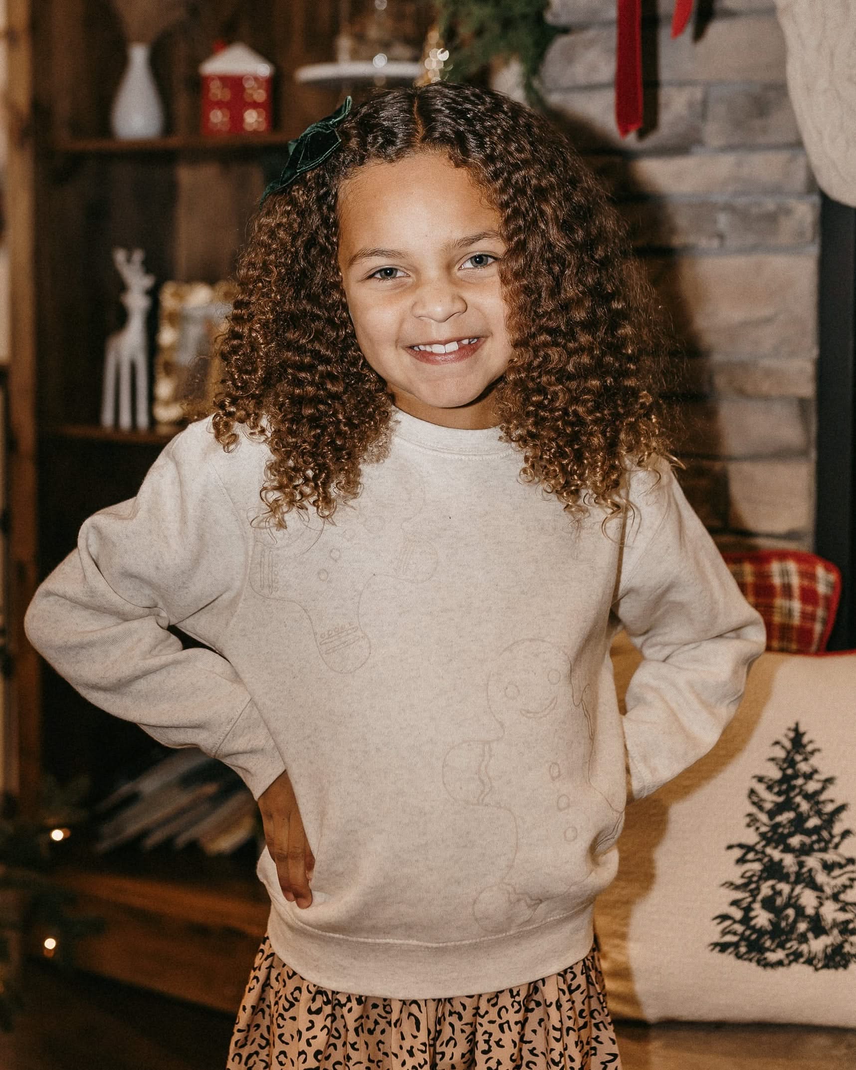 Child fleece in natural with printed ginger bread family pattern, shown on model – Little Mama Shirt Shop