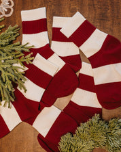Adult socks in red and white thick stripes, shown on flat lay – Little Mama Shirt Shop