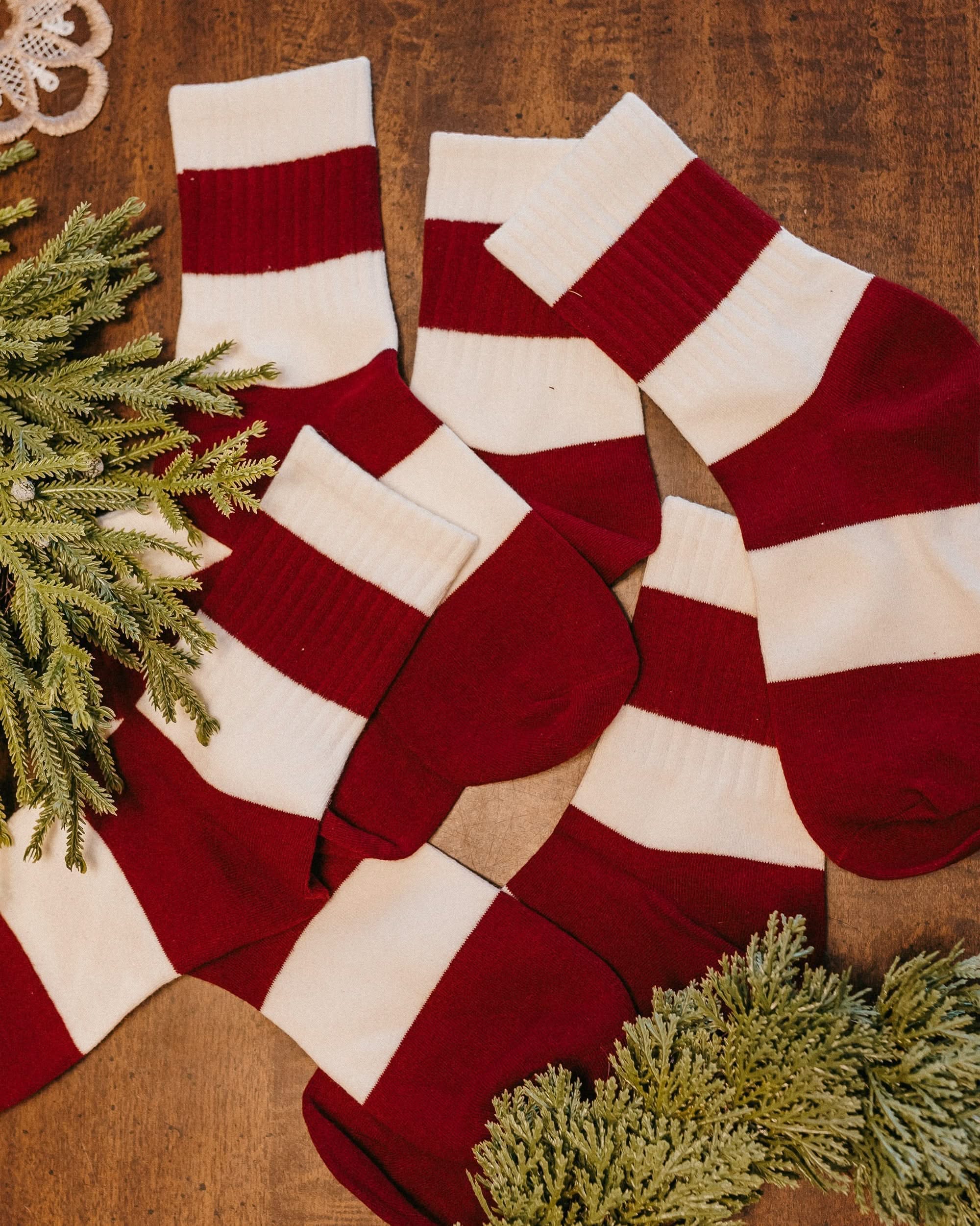 Adult socks in red and white thick stripes, shown on flat lay – Little Mama Shirt Shop